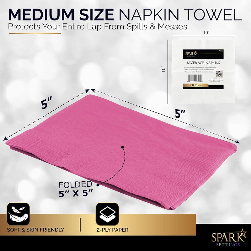 Amcrate 100 Pack Bright Pink Beverage Napkins, Big Party Pack, 2 Ply, Ideal for Wedding, Party, Birthday, Dinner, Lunch, Cocktails. (5” x 5”) by - Image 3